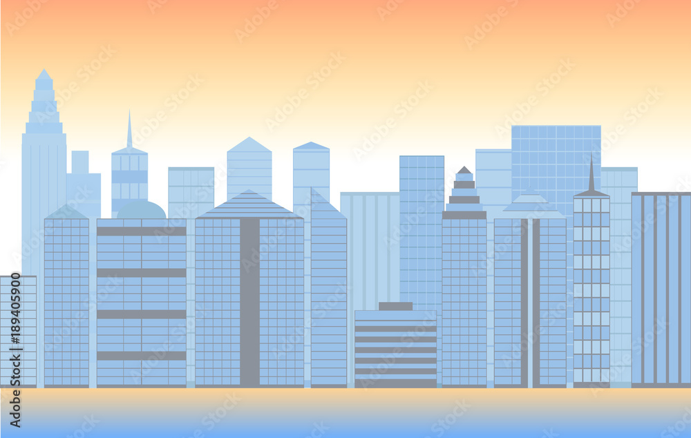 Skyscraper city,sunrise, sunset,beach.Vector,illustration.