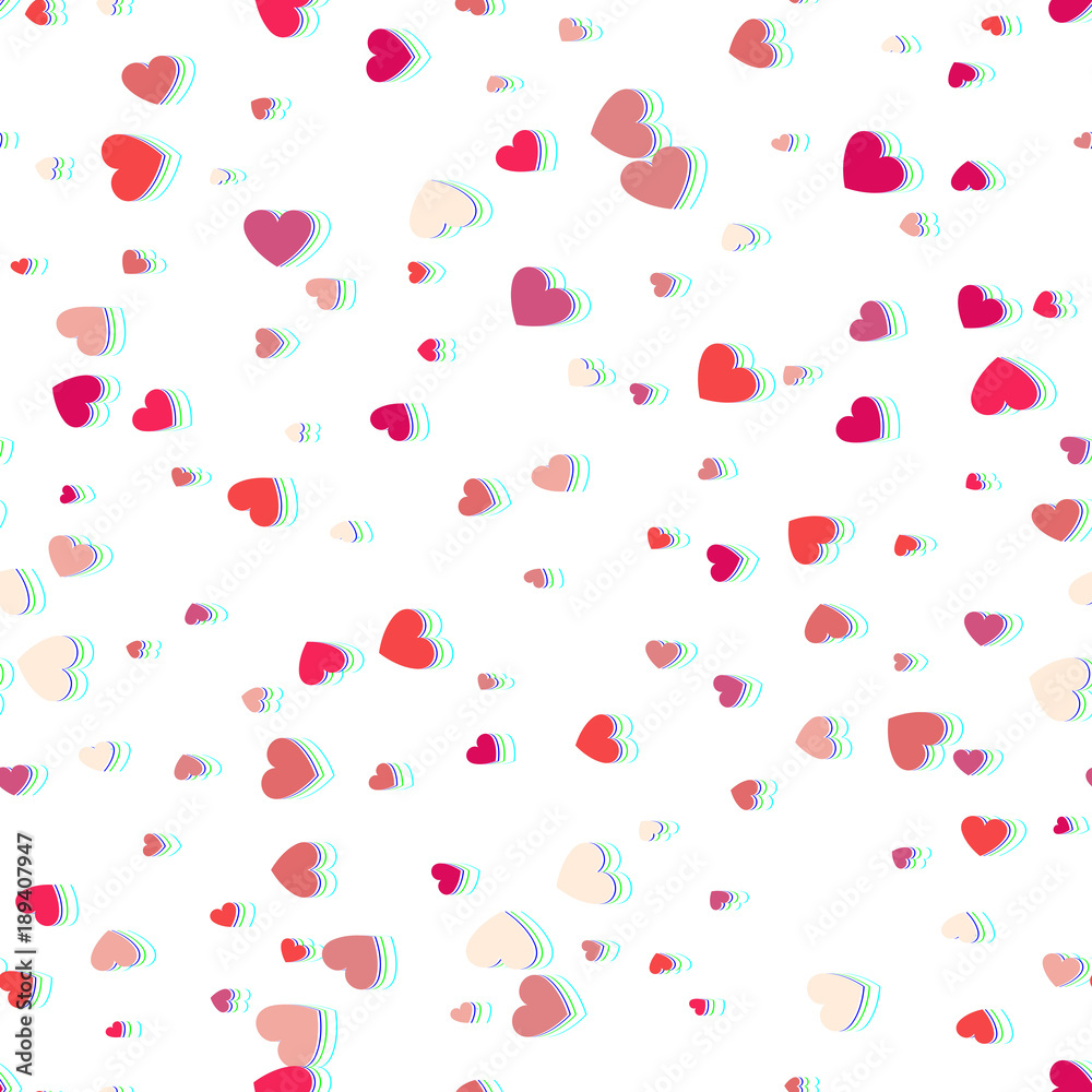 Heart confetti of Valentines petals falling on white background. Glitch and Color Channels Effects.  Flower petal in shape of heart confetti for Women's Day