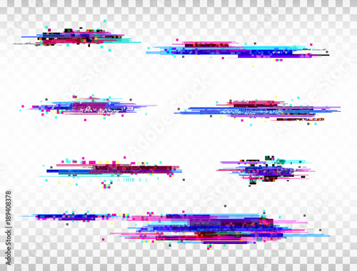 Glitch color elements set. Digital noise abstract design. Color pixel glitch. Modern bug effect. Noise texture. Vector illustration photo