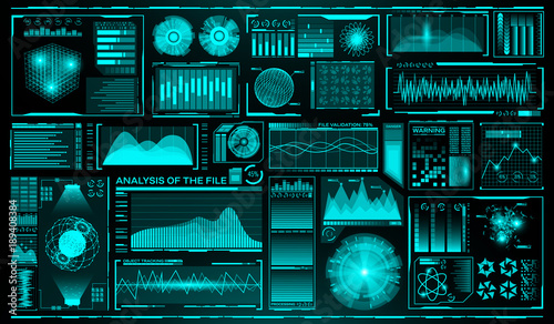 Futuristic user interface set. HUD. Future infographic elements. Technology and science theme. Analysis system. Scanning graphs and waves. Vector illustration