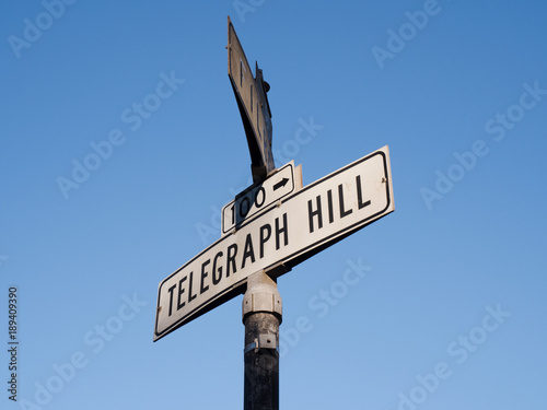 Close up of street name sign of Telegraph Hill neighborhood in San Francsico, California, USA