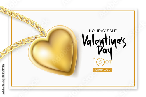 Valentines day sale banner. Vector holiday frame with gold necklace chain and heart pendant on white card background.. Design for holiday flyer, poster, party invitation.