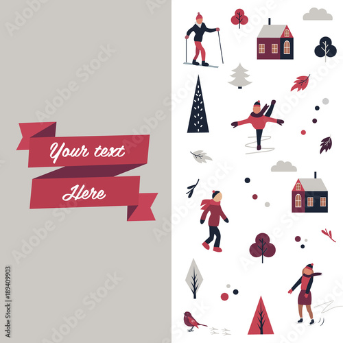 Winter sport scene with different characters, elements