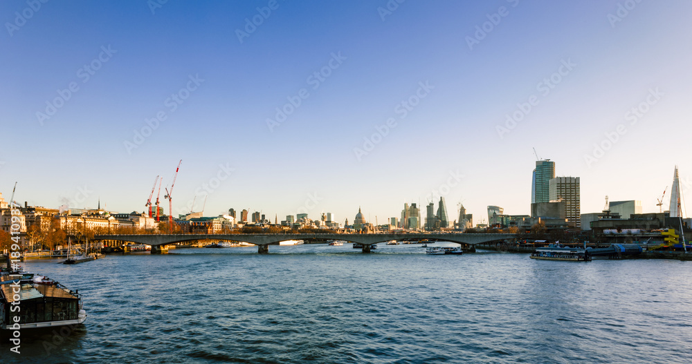 Panorama of Thames river on sunrise from Golden Jubilee Bridges