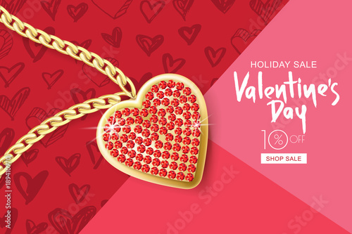 Valentines day sale banner. Vector holiday background with gold necklace chain and red heart pendant on pink textured paper. Design for holiday flyer, poster, party invitation.