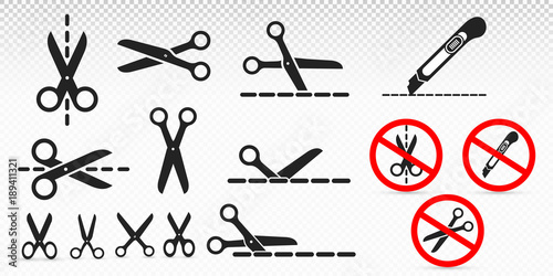 Set of cut line with scissors and stationery knife. Black icon, sign prohibiting cutting packaging and parcels by knife and scissors. Vector illustration. Isolated on transparent background photo