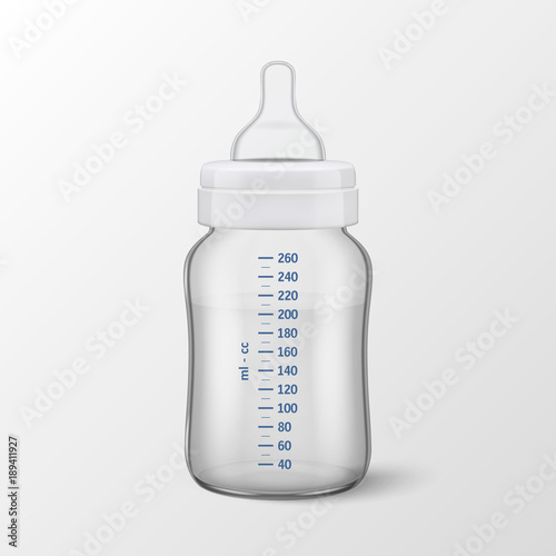 Realistic vector illustration - Water in baby bottle with scale of measurement icon closeup isolated on white background. Sterile empty milk container design template, mockup for graphics