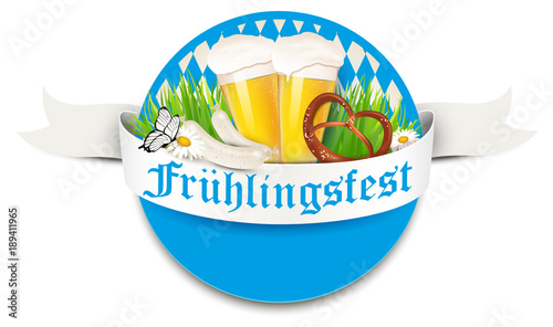 Frühlingsfest Signet mit Rauten, Bier, Brezel, Weißwurst und Banderole - Button