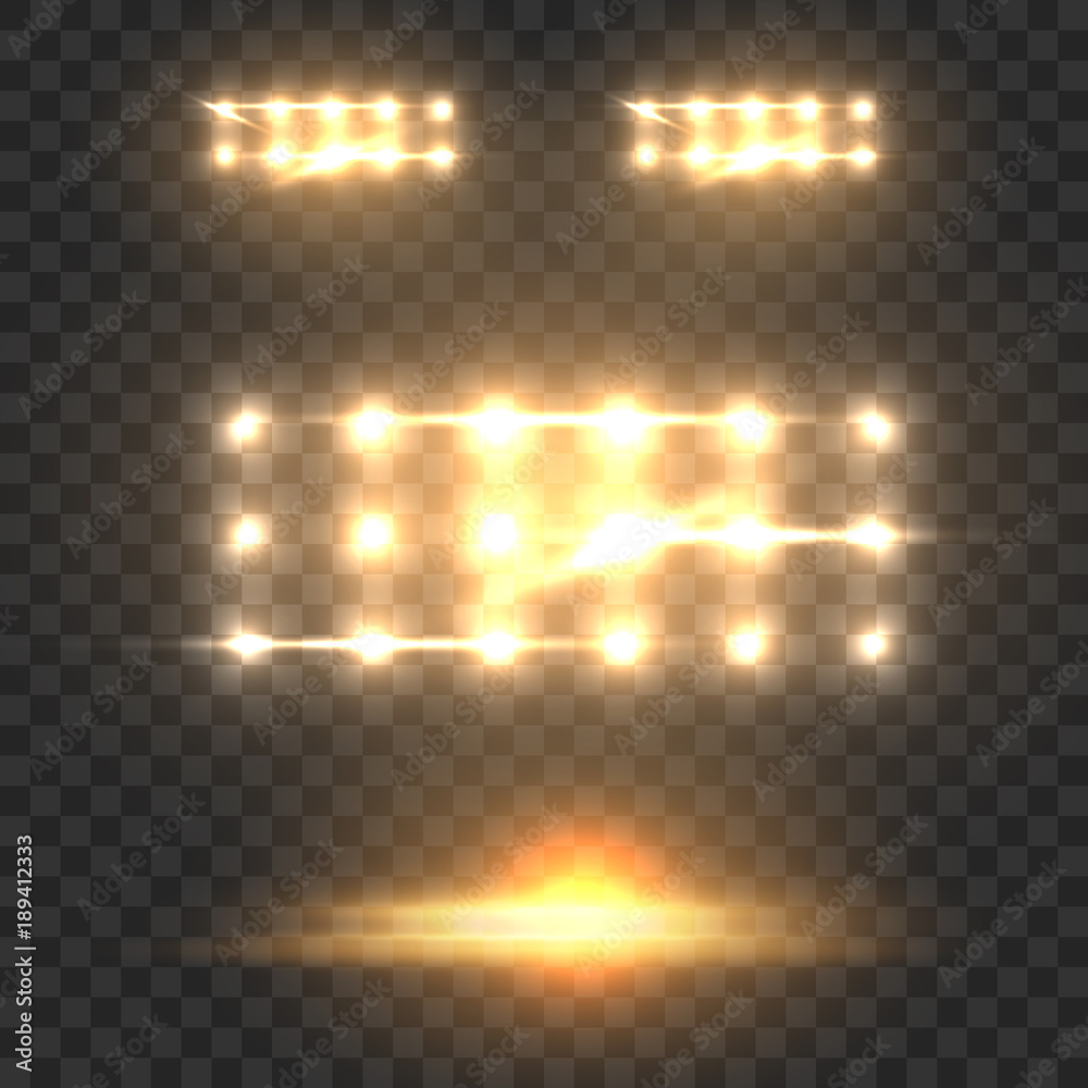 Set yellow glow stadium light lens effect sparkles on transparent