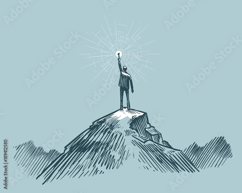 Businessman, traveler or man standing on peak mountain. Sketch vector illustration