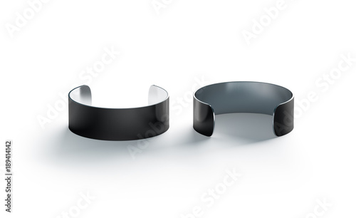 Blank large black cuff bracelet mockup, front and back side view, 3d rendering. Clear wrist band design mock ups. Fashion grey sweatband template. Women glamour round armlet steel wristband photo