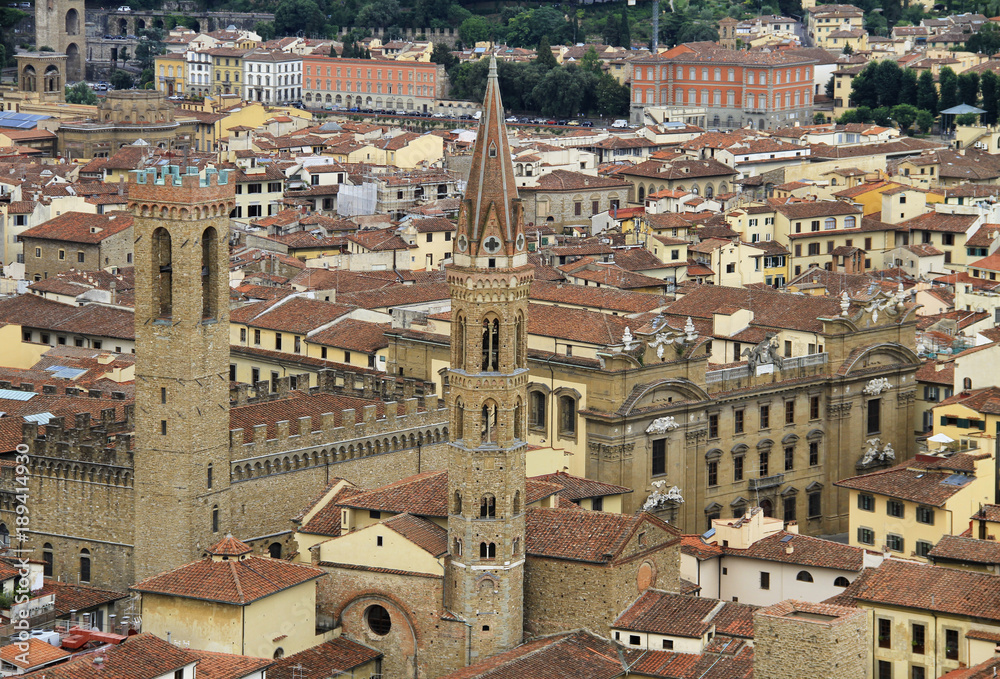 City panorama, bird's eye view, Florence, Tuscany, Italy; roofs, buildings and towers.