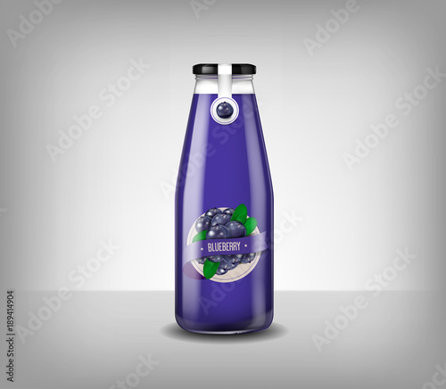 Realistic glass bottle of blueberry juice, drink isolated.