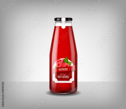 Realistic glass bottle of raspberry juice, drink isolated.