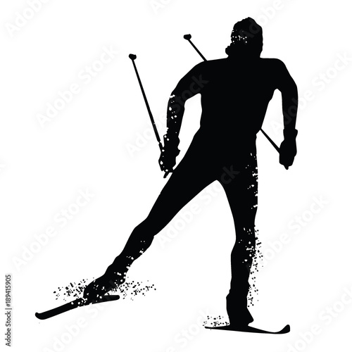 Silhouette cross country skiing isolated on white background