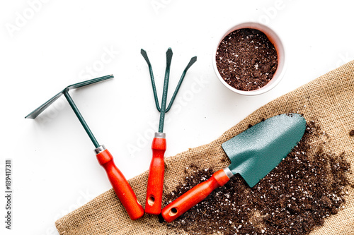 Plant flowers for garden. Tools spade, fork, hand cultivator, hoe and pot with soil on canvas and white background top view