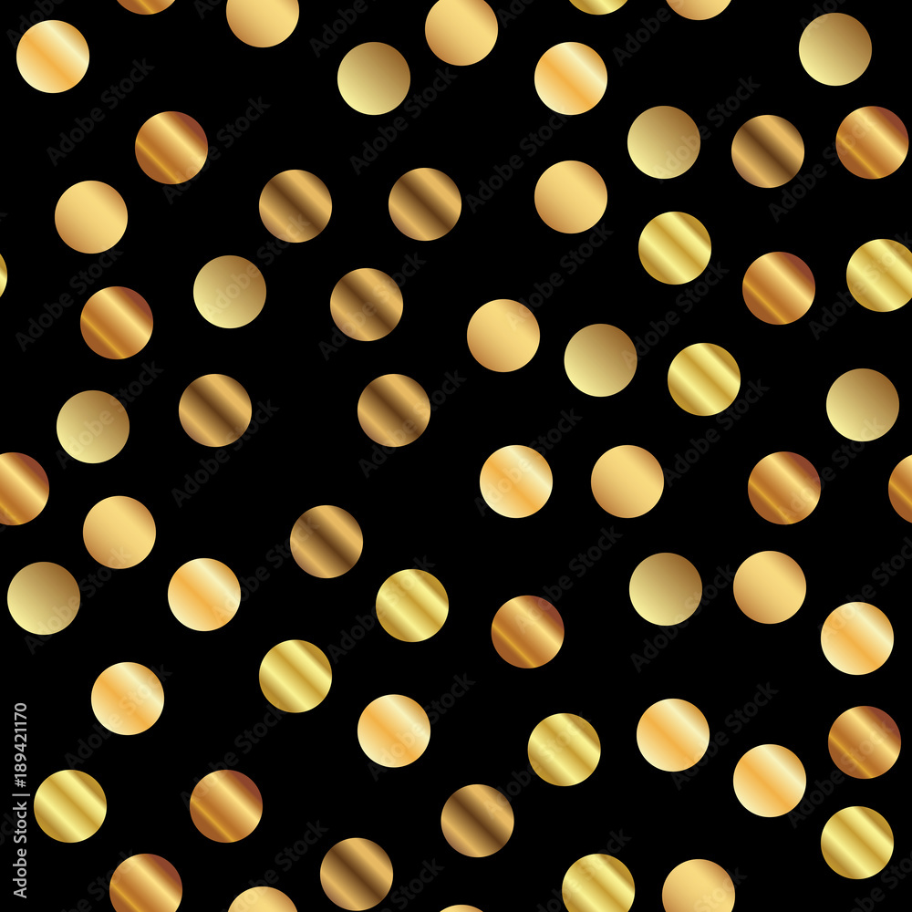 Golden dots seamless pattern on black background. Awesome gradient golden dots endless random scattered confetti on black background. Confetti fall chaotic decor. Modern creative pattern.