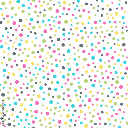 Colorful polka dots seamless pattern on white 10 background. Brilliant classic colorful polka dots textile pattern. Seamless scattered confetti fall chaotic decor. Abstract vector illustration.