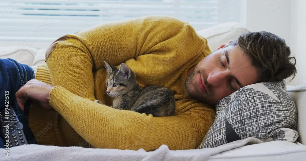 Young man sleeping on sofa holding his pet cat in his arms  