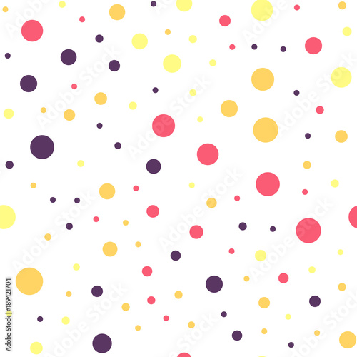 Colorful polka dots seamless pattern on black 25 background. Lovely classic colorful polka dots textile pattern. Seamless scattered confetti fall chaotic decor. Abstract vector illustration.