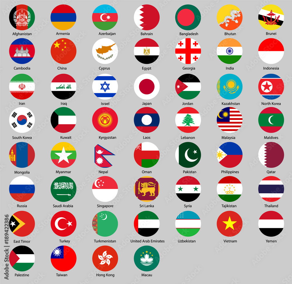 set of flags of Asia