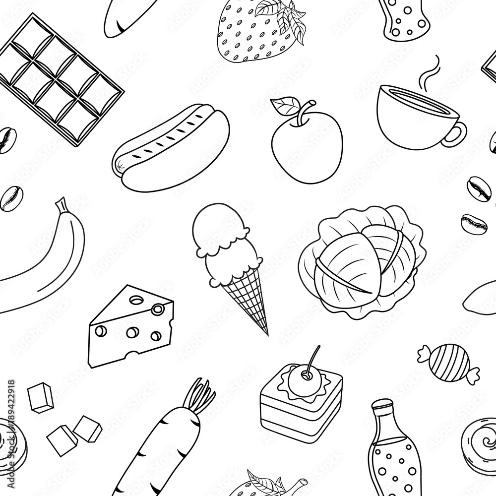 Cute cartoon outline food. Seamless pattern. Hand draw style ...