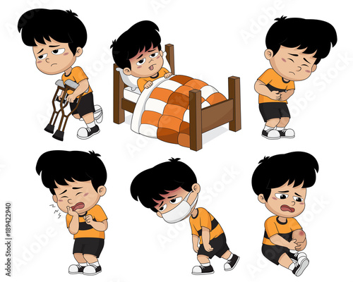 Kid get sick,boy put the cast,boy has high temperature,boy 's stomachache,boy's toothache,boy is sick when he going school,boy received a knee injury while playing football.
