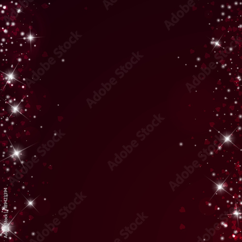 Falling hearts valentine background. Messy border on wine red background. Falling hearts valentines day admirable design. Vector illustration.