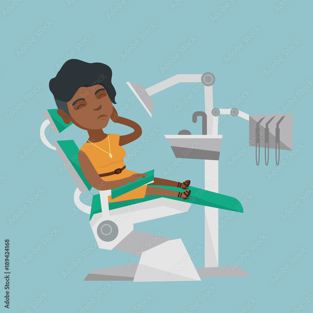 Young upset african-american patient visiting dentist because of toothache. Sad patient suffering from toothache. Sorrowful woman having a strong toothache. Vector cartoon illustration. Square layout. Young upset african-american patient visiting dentist because of toothache. Sad patient suffering from toothache. Sorrowful woman having a strong toothache. Vector cartoon illustration. Square layout.