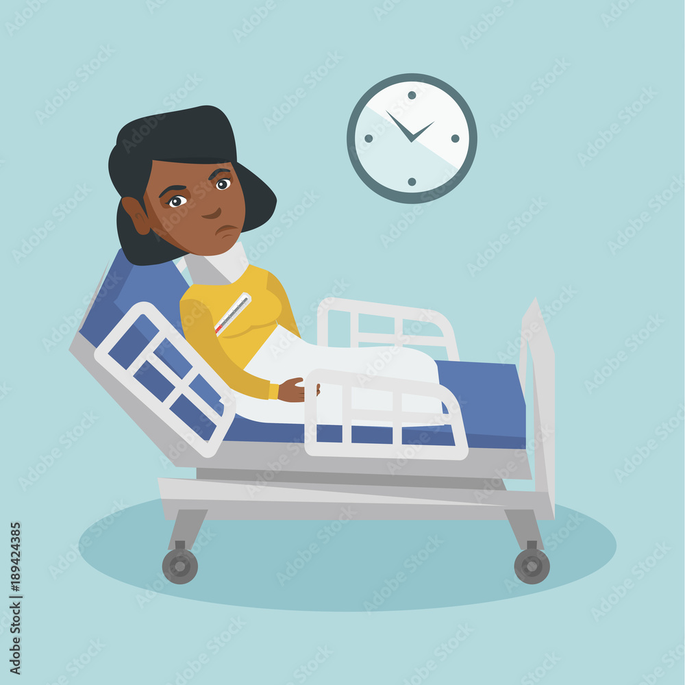 African-american woman sick with fever laying in bed. Young sick woman measuring temperature with a thermometer. Sick woman suffering from cold or flu virus. Vector cartoon illustration. Square layout
