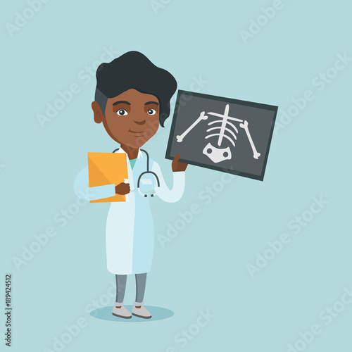 Full length of young smiling african-american roentgenologist doctor in a medical gown examining a skeleton radiograph. Vector cartoon illustration. Square layout.