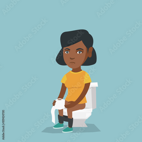 African woman sitting on the toilet bowl and suffering from diarrhea. Woman holding toilet paper roll and suffering from diarrhea. Girl sick with diarrhea. Vector cartoon illustration. Square layout