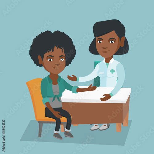 African-american therapist doctor consulting a patient in the office. Therapist doctor talking to a young female patient about her state of health. Vector cartoon illustration. Square layout.