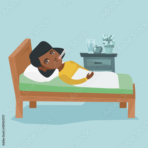 African woman sick with fever laying in bed. Sick woman measuring temperature with a thermometer in her mouth. Sick woman suffering from cold or flu virus. Vector cartoon illustration. Square layout
