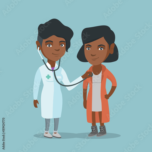 Young african-american doctor listening to the chest of a patient with a stethoscope. Patient visiting a doctor. Doctor examining chest of a patient. Vector cartoon illustration. Square layout.