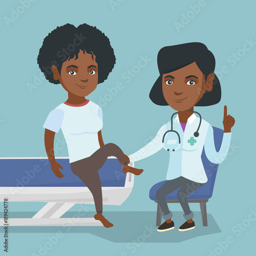 African gym doctor checking the ankle of a patient. Physio therapist examining the leg of sportswoman. Physio therapist giving a leg massage to a patient. Vector cartoon illustration. Square layout.