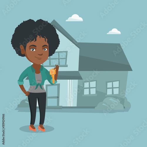 Happy african-american homeowner showing key to a new house. Young smiling real estate agent with key standing on the background of house. Vector cartoon illustration. Square layout.