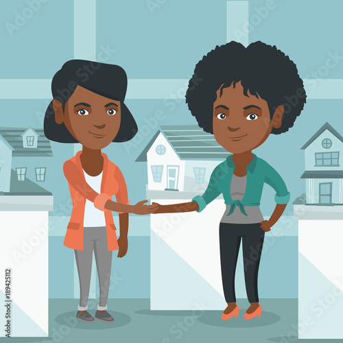 Young african realtor shaking hand to a customer after real estate deal in the office. Conclusion of real estate deal between realtor and buyer. Vector Vector cartoon illustration. Square layout.