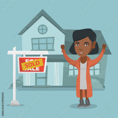 Excited african-american real estate agent standing in front of sold real estate placard and house. Full length of young real estate agent who sold a house. Vector cartoon illustration. Square layout.