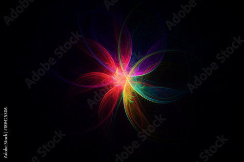 Fractal in neon colors with curved lines shaping a flower, on dark background
