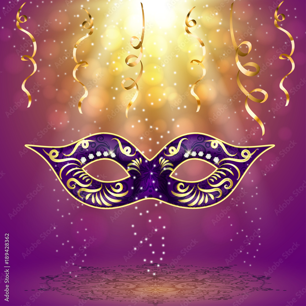 Mardi Gras carnival party invitation poster with masquerade gold mask colorful serpentine and confetti vector illustration