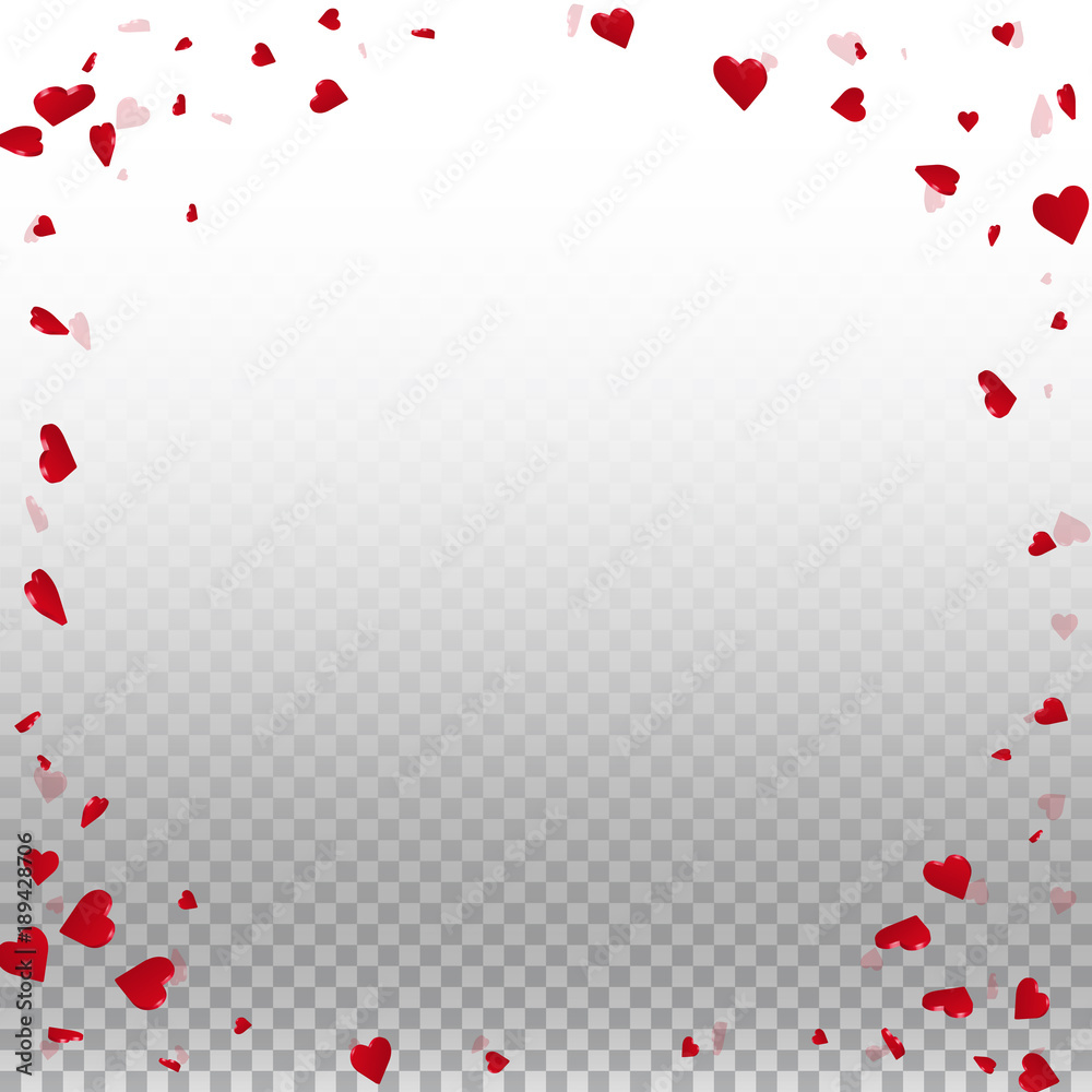 3d hearts valentine background. Corner frame on transparent grid light background. 3d hearts valentines day fantastic design. Vector illustration.