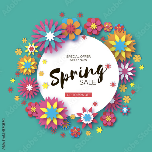 Sale. Origami Spring Colorful Flowers Banner. Paper cut Floral Greetings card. Spring blossom. Circle frame. Happy Women s Day. 8 March. Text. Seasonal holiday on blue. Trendy decor.