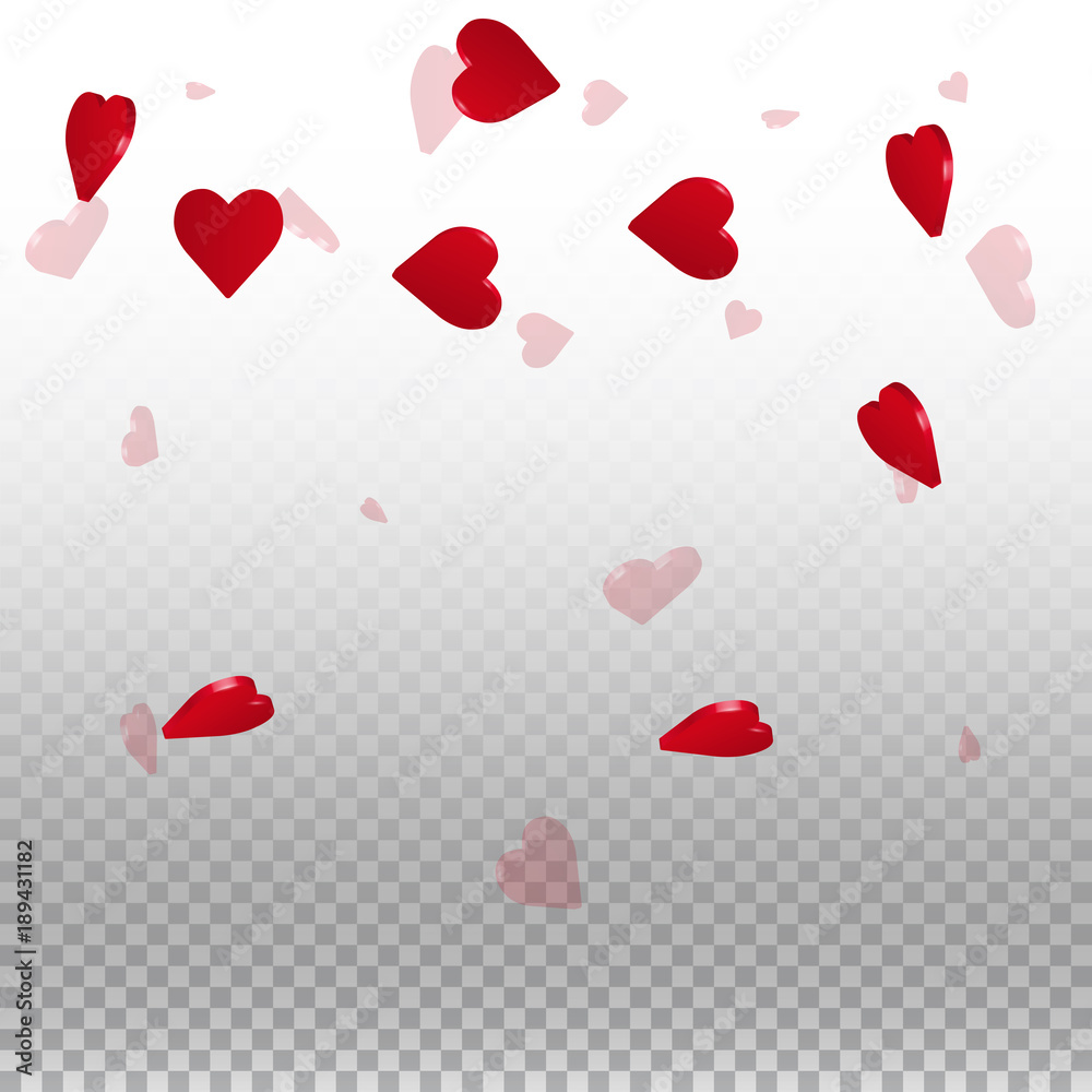 3d hearts valentine background. Top gradient on transparent grid light background. 3d hearts valentines day authentic design. Vector illustration.