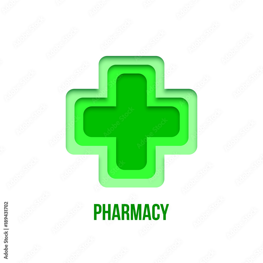 Obraz premium Green pharmacy sign. Vector paper art pharmacy symbol isolated on white background.