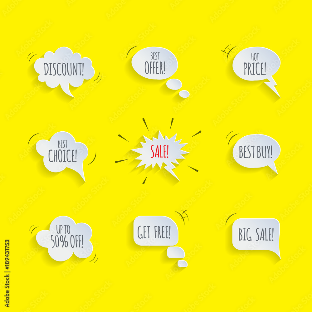 Promotion speech bubble set. Vector speech bubbles with Sale, Discount, Best Offer etc words isolated on yellow comic book background. Promotion speech bubble set. Vector speech bubbles with Sale, Discount, Best Offer etc words isolated on yellow comic book background.