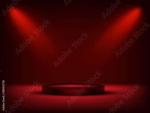 Red cylinder podium under light on red background. Vector illustration.