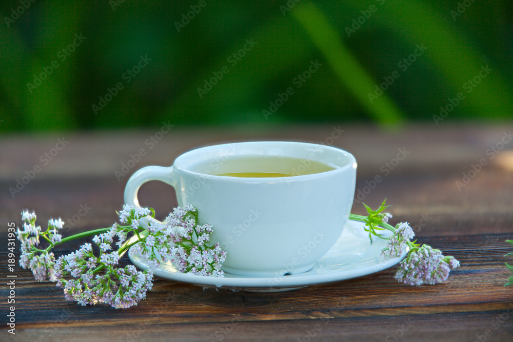 porcelainl cup with green tea on table porcelainl cup with green tea on table