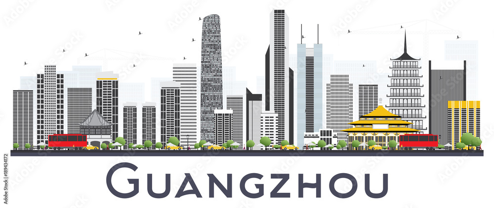 Guangzhou China City Skyline with Gray Buildings Isolated on White Background.