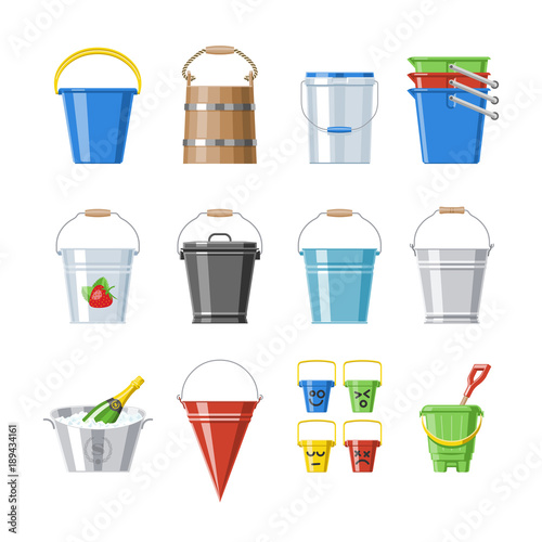 Bucket vector bucketful or wooden pailful and kids plastic pail for playing empty or with water bucketing down in garden and bitbucket for gardening set illustration isolated on white background photo